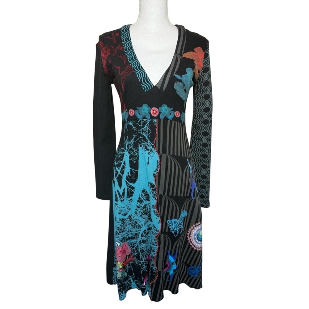 Desigual Black and Teal Artistic Long Sleeve V Neck Dress Women Small